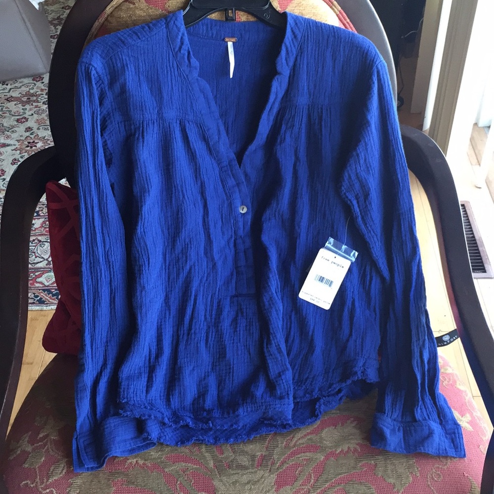 Free People 💯 Cotton Blouse Beautiful Blue Notched Collar New With Tags